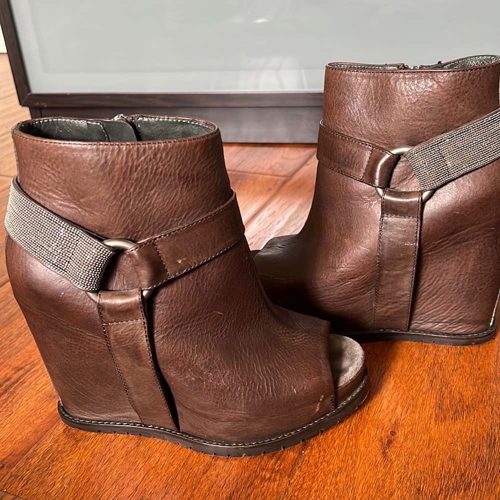 Brunello Cucinelli Brown Leather Wedge Booties